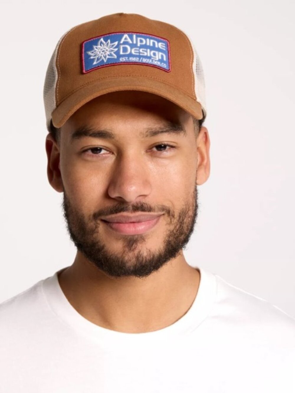 Alpine Designs Men's Caramel Latte Blue Logo OSFA Mesh Back Trucker Hat (Y1)